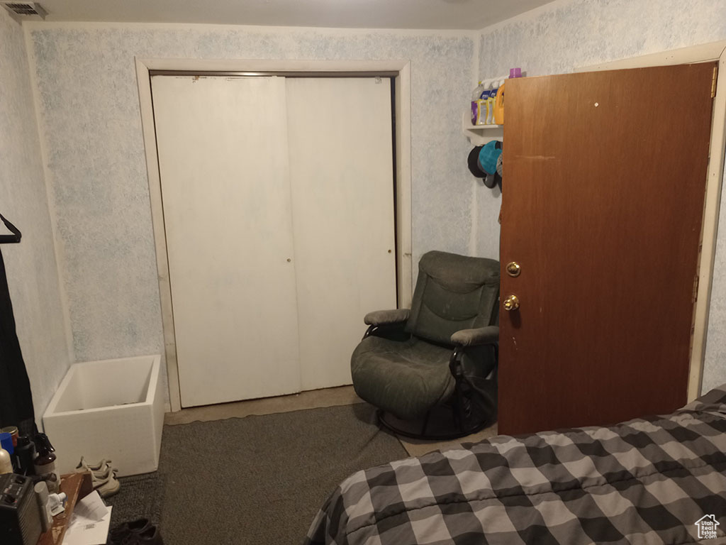 Carpeted bedroom featuring a closet