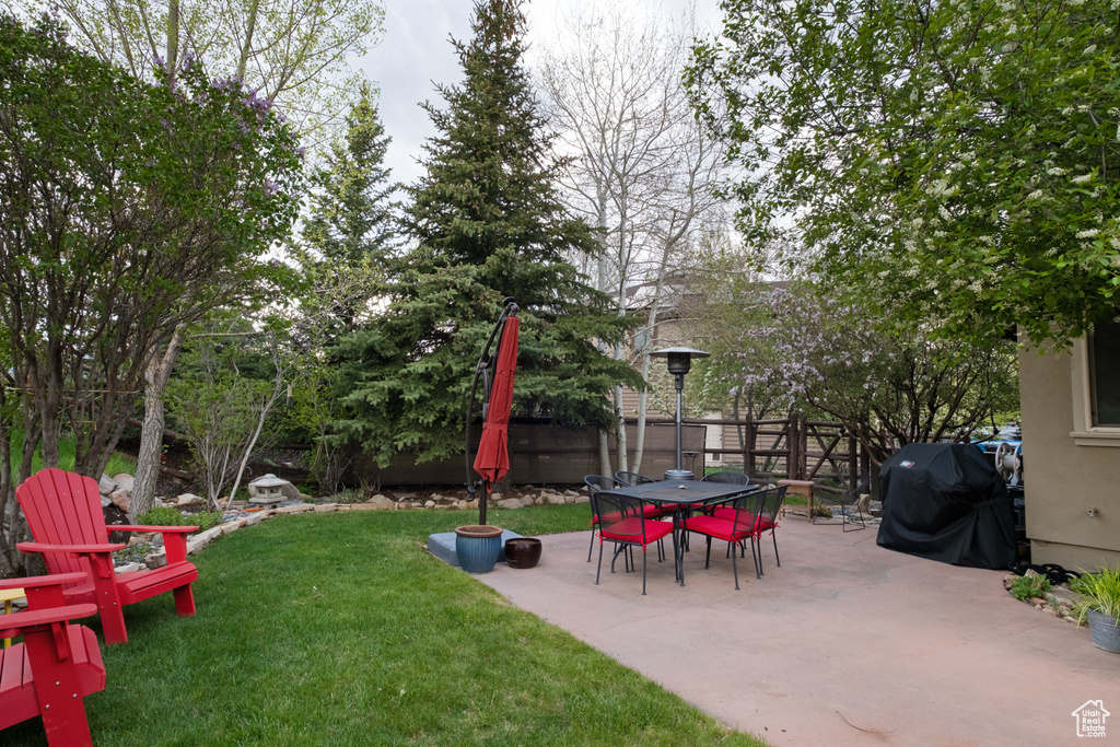 View of yard with a patio area and outdoor dining area