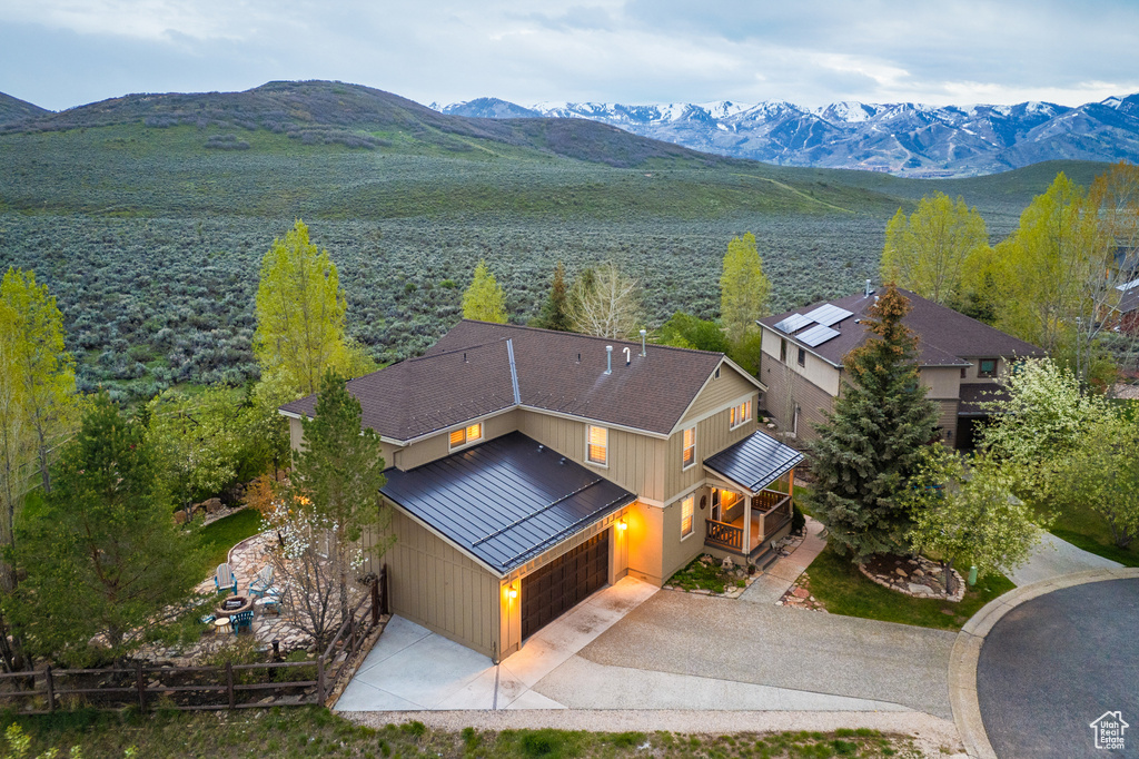 View from above of property featuring a mountain backdrop