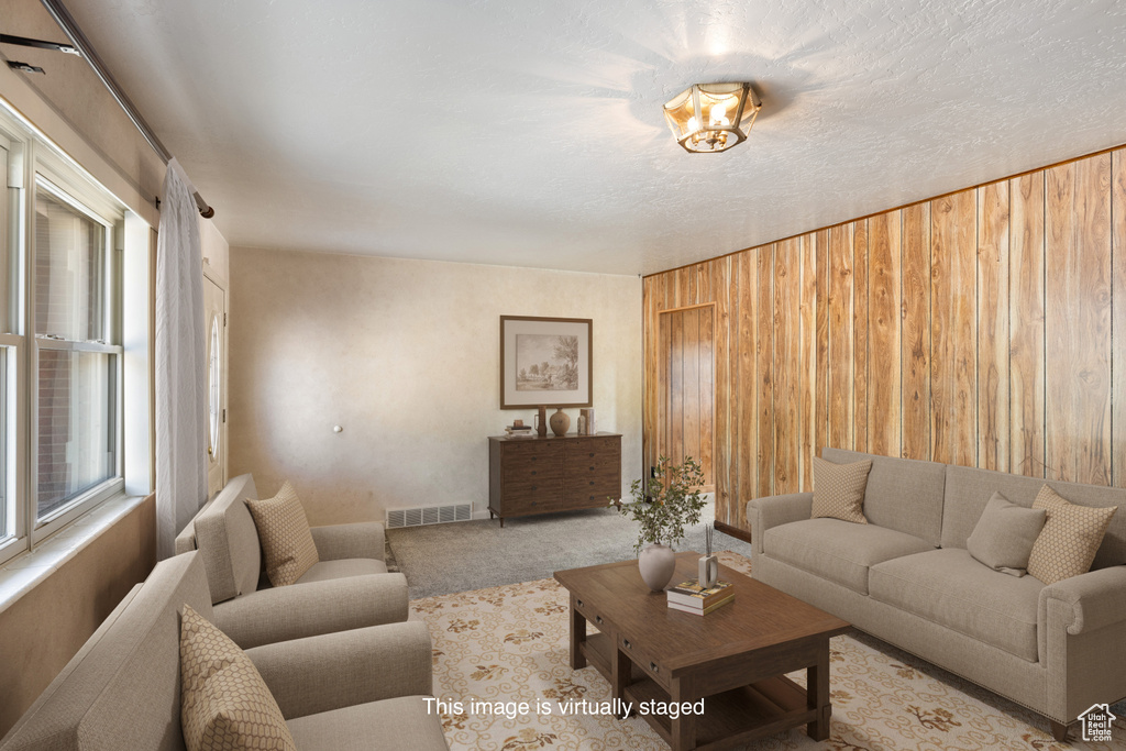 Living room with wood walls and carpet floors