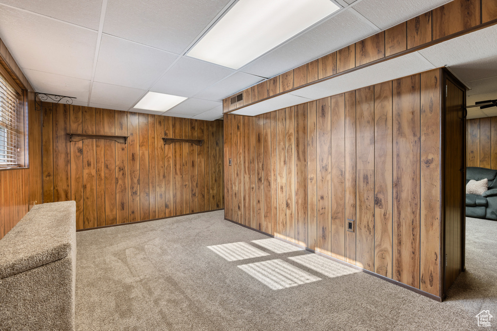 Below grade area with carpet, wood walls, and a paneled ceiling