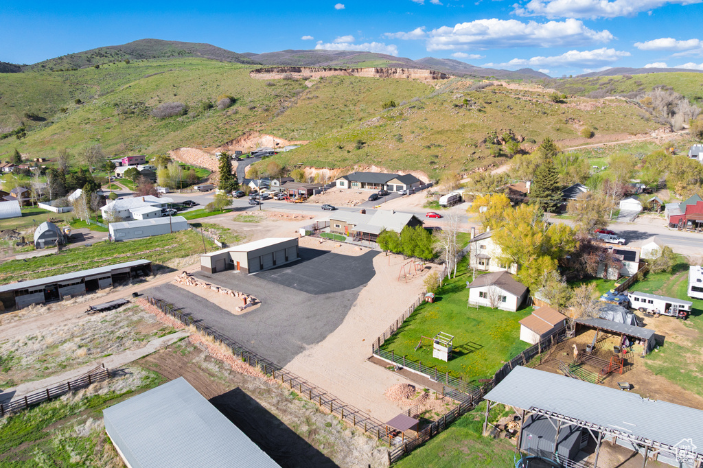 Aerial perspective of suburban area featuring mountains