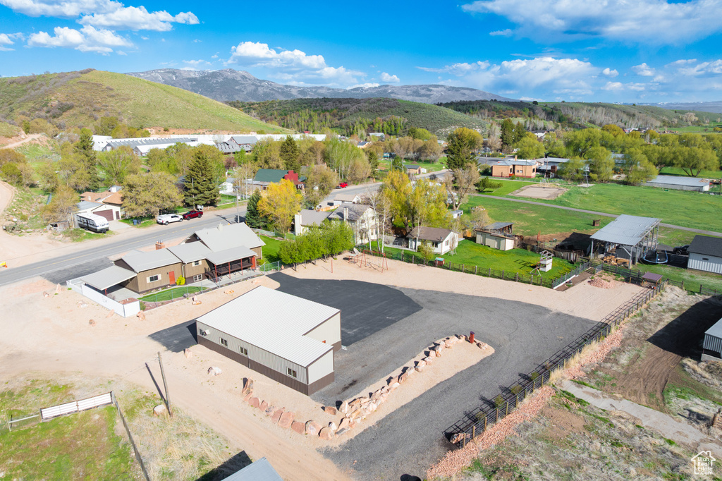 Aerial view of residential area with mountains