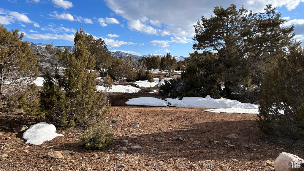 View of storm shelter with a mountain view