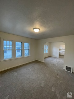 Carpeted spare room featuring a textured ceiling and baseboards