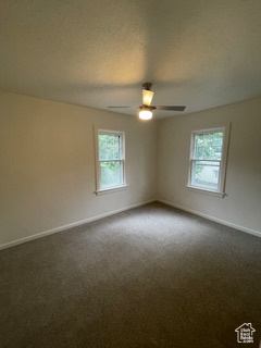 Empty room featuring plenty of natural light, dark colored carpet, and baseboards