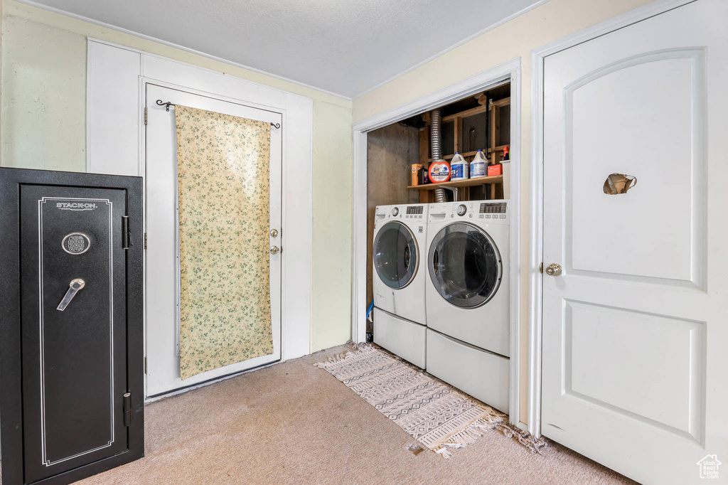 Laundry room with carpet and washing machine and dryer
