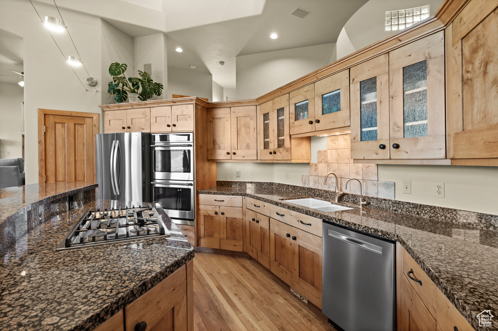 Kitchen with stainless steel appliances, a sink, dark stone counters, light wood-type flooring, and glass insert cabinets