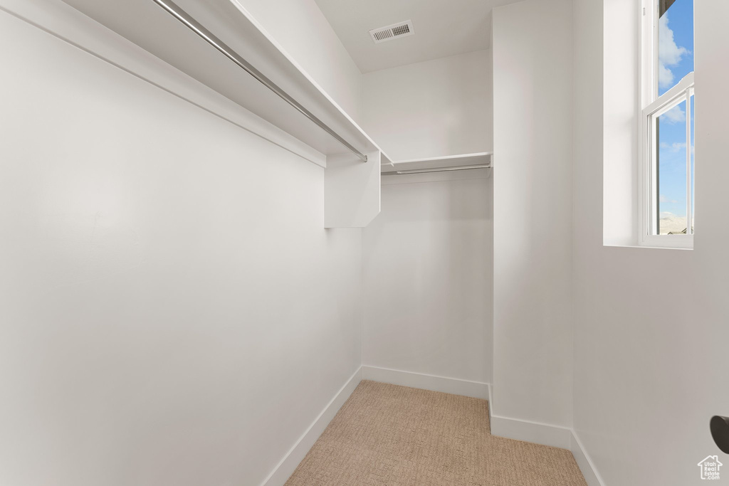 Spacious closet with light colored carpet
