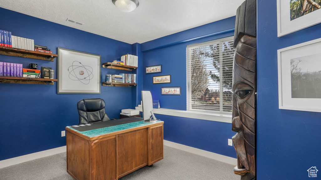 Office space with carpet floors and baseboards