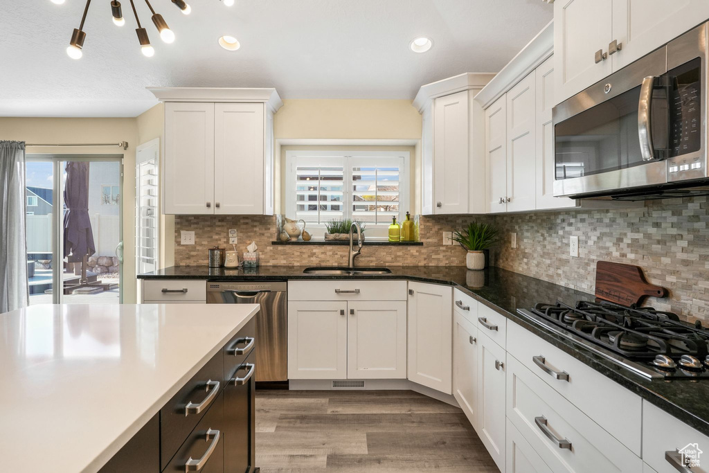 Kitchen with appliances with stainless steel finishes, a sink, healthy amount of natural light, wood finished floors, and recessed lighting