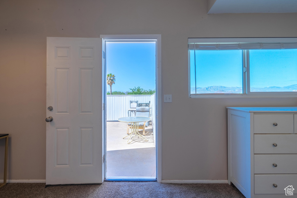 Entryway with healthy amount of natural light, carpet floors, and baseboards