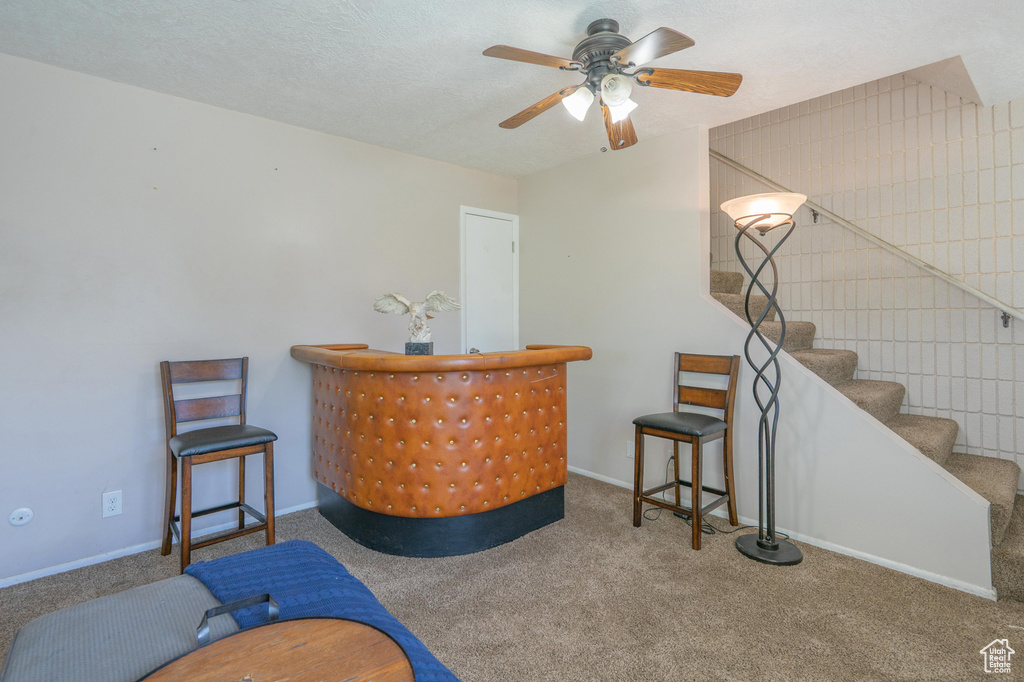 Bar featuring a ceiling fan, carpet, stairs, and baseboards