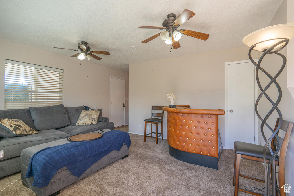 Living room with ceiling fan and carpet flooring