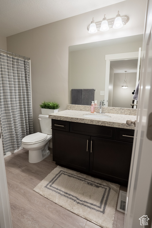 Full bath with vanity, toilet, wood finished floors, and a shower with shower curtain