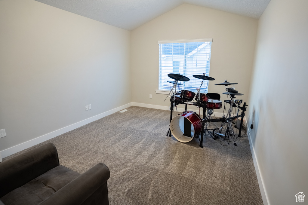 Playroom with carpet flooring, baseboards, and vaulted ceiling