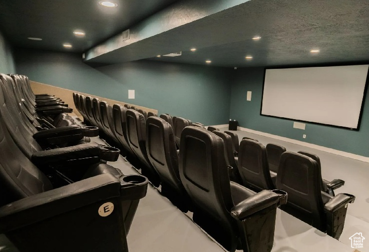 Home theater room with recessed lighting