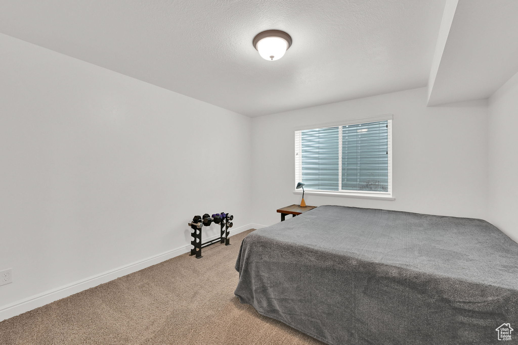 Bedroom featuring light colored carpet and baseboards