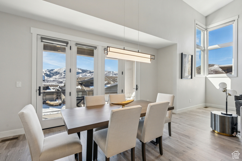 Dining area with healthy amount of natural light, baseboards, and light wood-type flooring