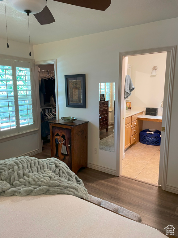 Bedroom with light wood-type flooring, a walk in closet, connected bathroom, a closet, and ceiling fan