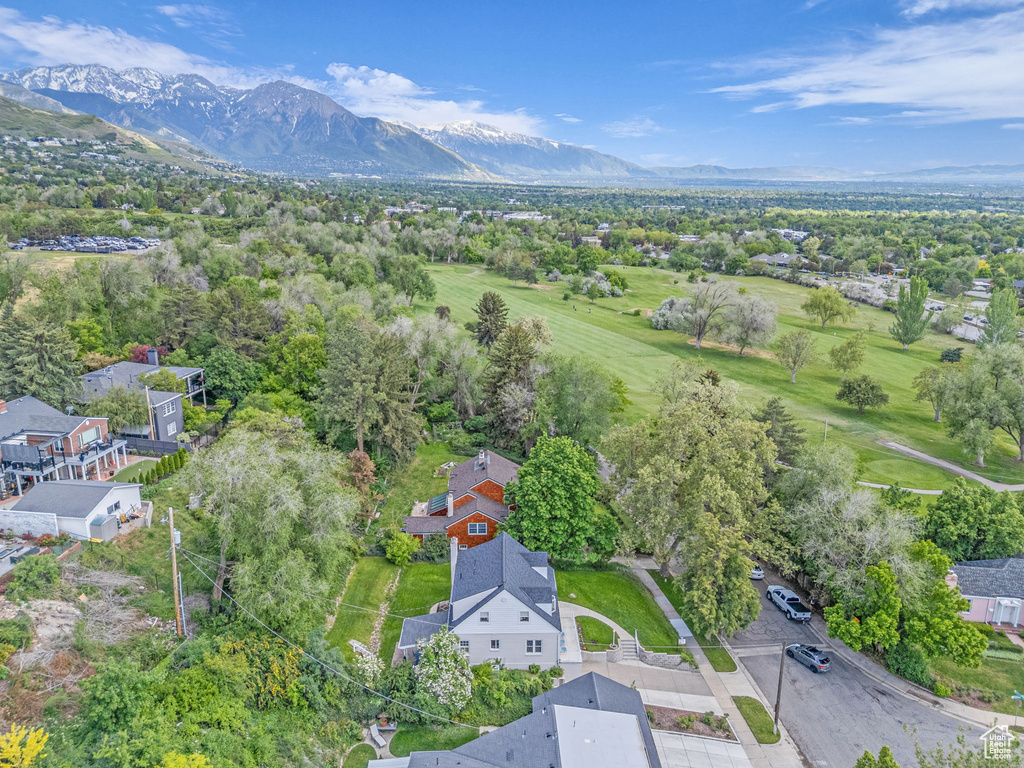 Aerial view of mountains and a local golf course
