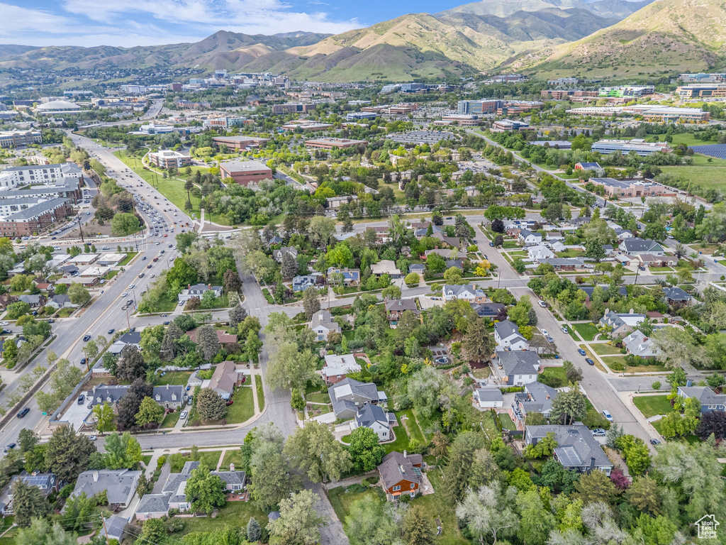 Aerial overview of property's location with a mountain backdrop