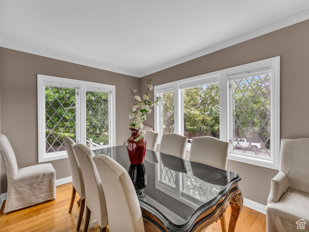 Dining area featuring plenty of natural light, light wood finished floors, baseboards, and ornamental molding