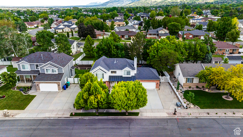 Aerial perspective of suburban area with mountains