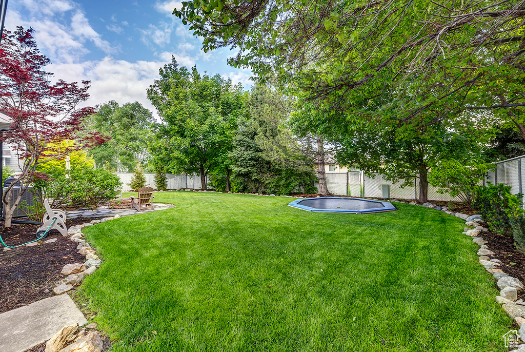 View of yard featuring a trampoline and a patio area
