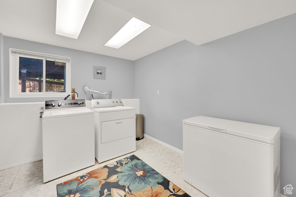 Washroom featuring washer and clothes dryer, baseboards, and electric panel