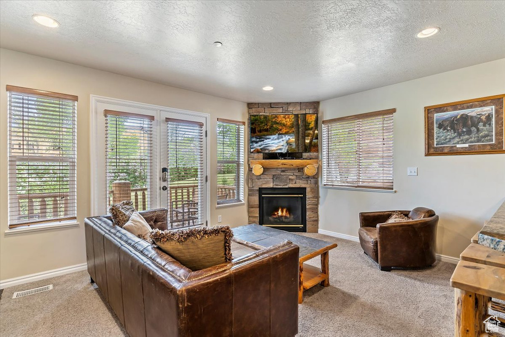 Living area with light colored carpet, a stone fireplace, baseboards, a textured ceiling, and plenty of natural light