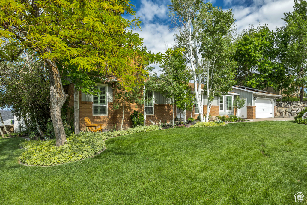 View of grassy yard with an attached garage and concrete driveway
