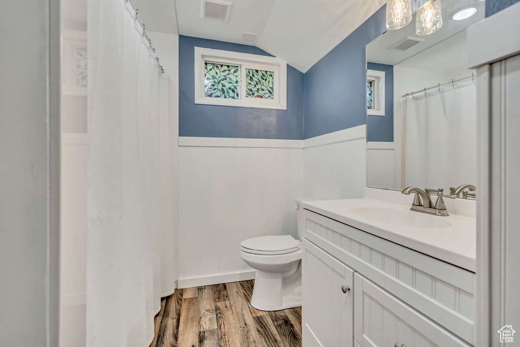 Full bath with vaulted ceiling, toilet, wood finished floors, wainscoting, and vanity