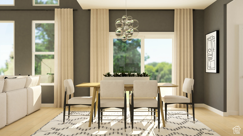 Dining area with a chandelier