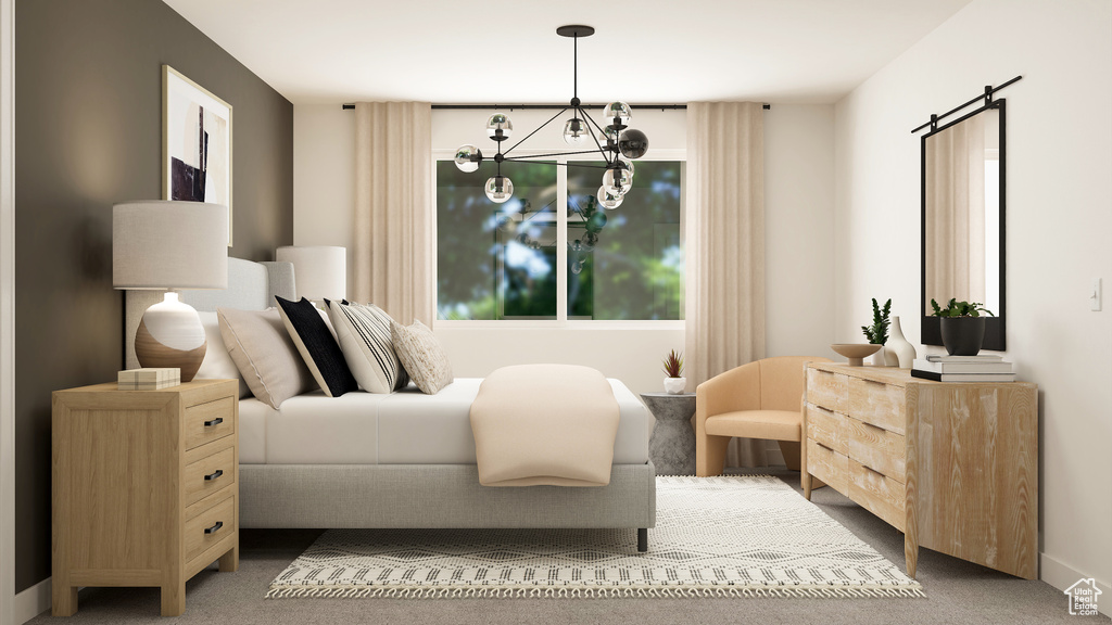 Carpeted bedroom with a chandelier