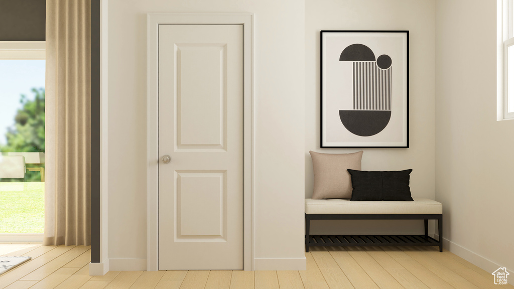 Detailed view of wood finished floors and baseboards
