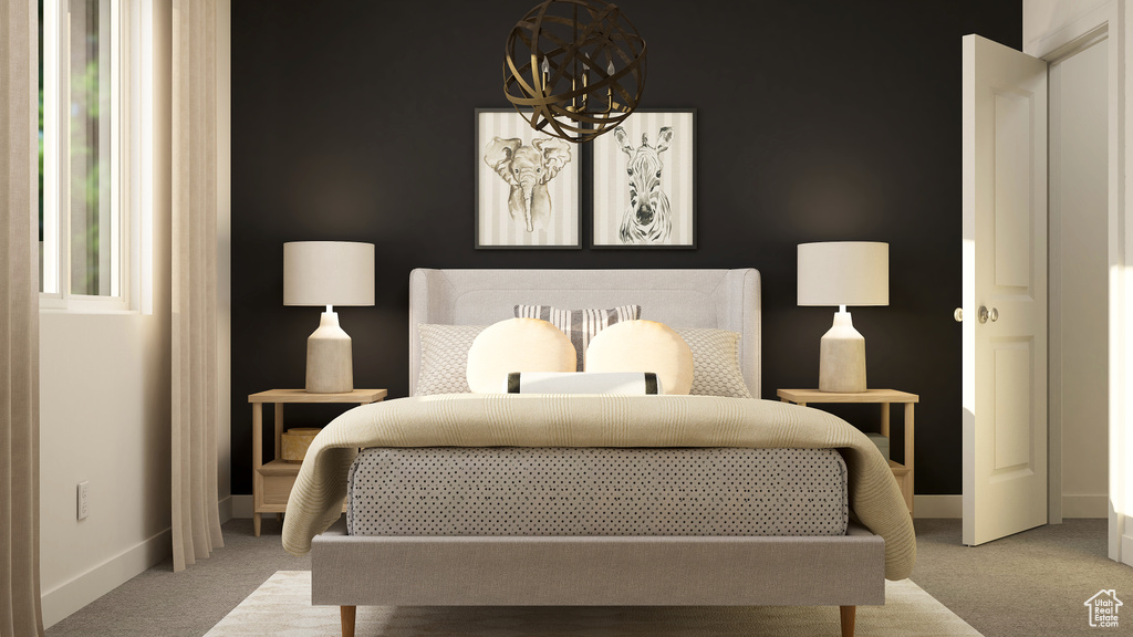 Bedroom with carpet flooring, a chandelier, and baseboards