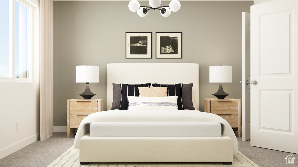 Bedroom with light carpet, a chandelier, baseboards, and multiple windows