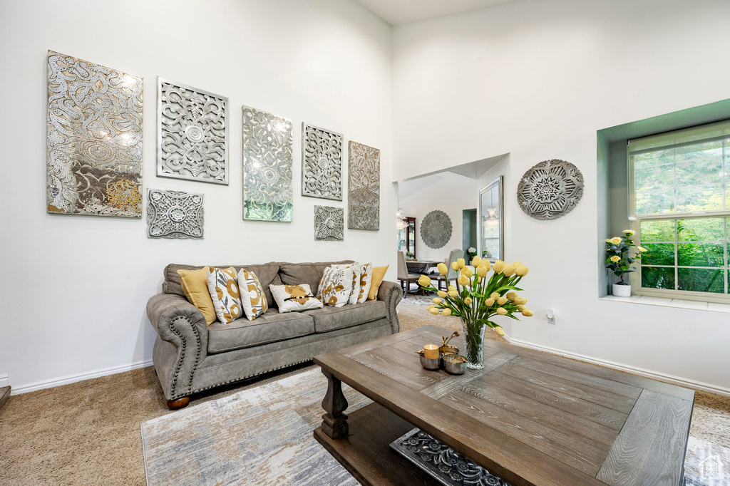 Living area featuring baseboards, carpet floors, and a towering ceiling
