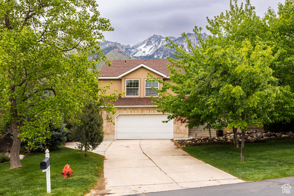 View of property hidden behind natural elements featuring concrete driveway, a garage, roof with shingles, stucco siding, and a front yard