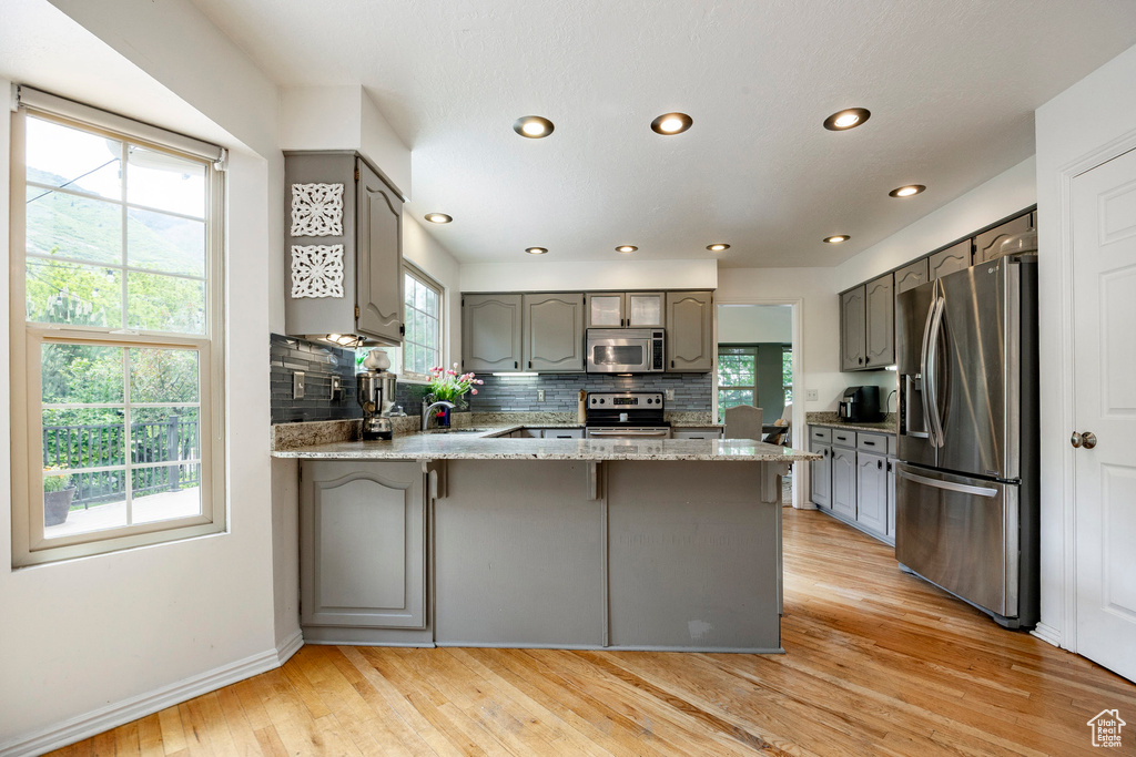 Kitchen with appliances with stainless steel finishes, gray cabinets, a peninsula, backsplash, and light wood finished floors
