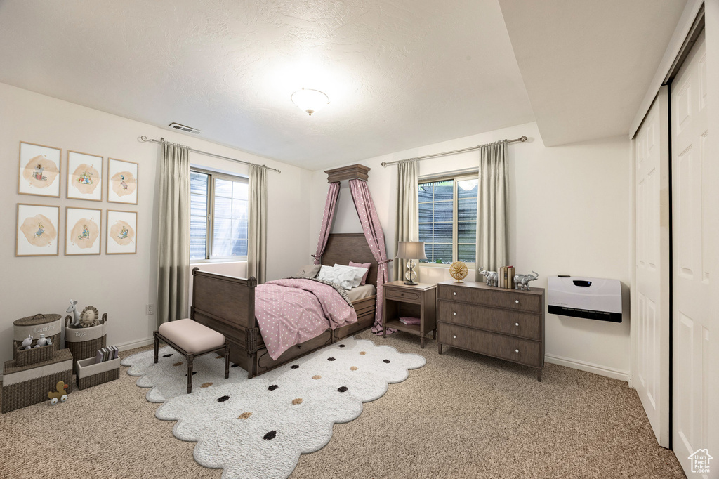 Carpeted bedroom featuring multiple windows, a closet, and baseboards