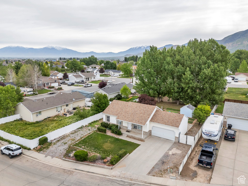 Aerial perspective of suburban area with mountains