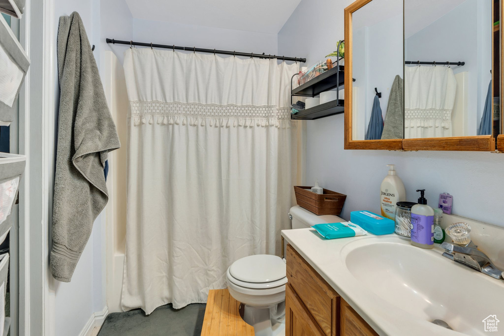 Full bathroom with toilet, a shower with shower curtain, and vanity