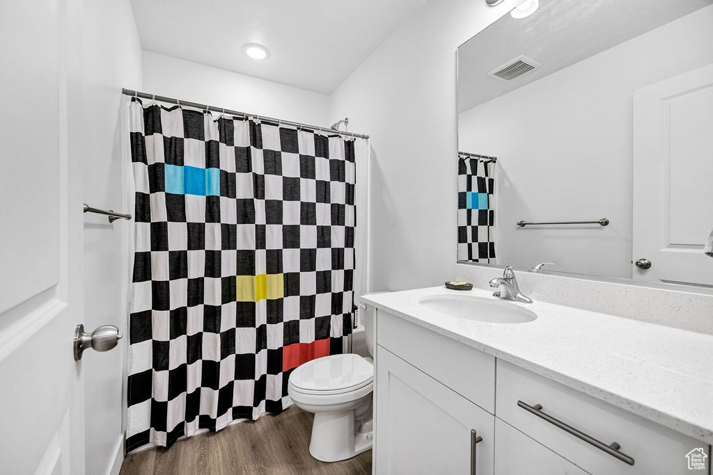 Bathroom featuring toilet, vanity, a shower with curtain, and wood finished floors
