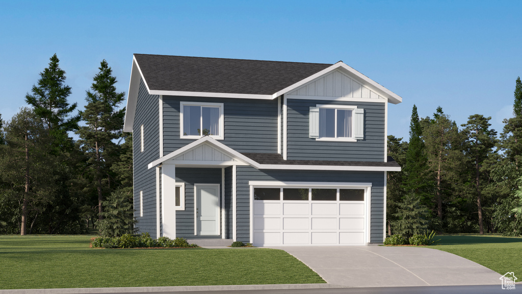 View of front facade featuring concrete driveway, a front lawn, a garage, and board and batten siding