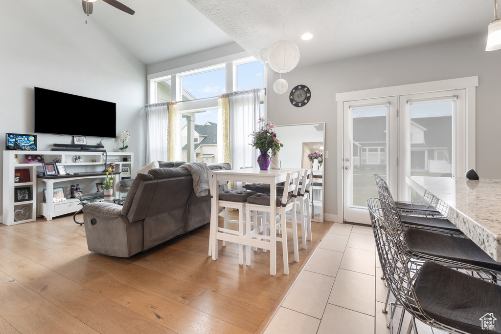 Living room featuring a ceiling fan and lofted ceiling