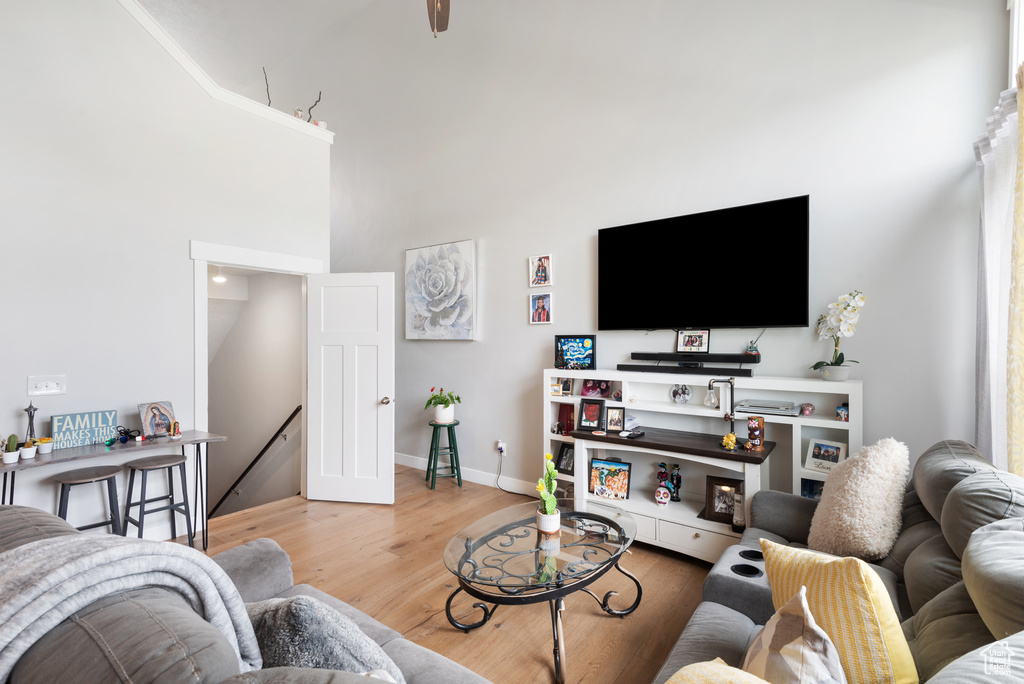Living area featuring wood finished floors, a towering ceiling, and baseboards