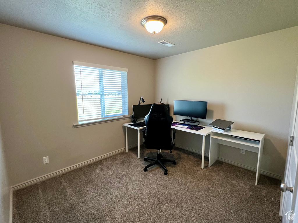 Carpeted office space with a textured ceiling and baseboards