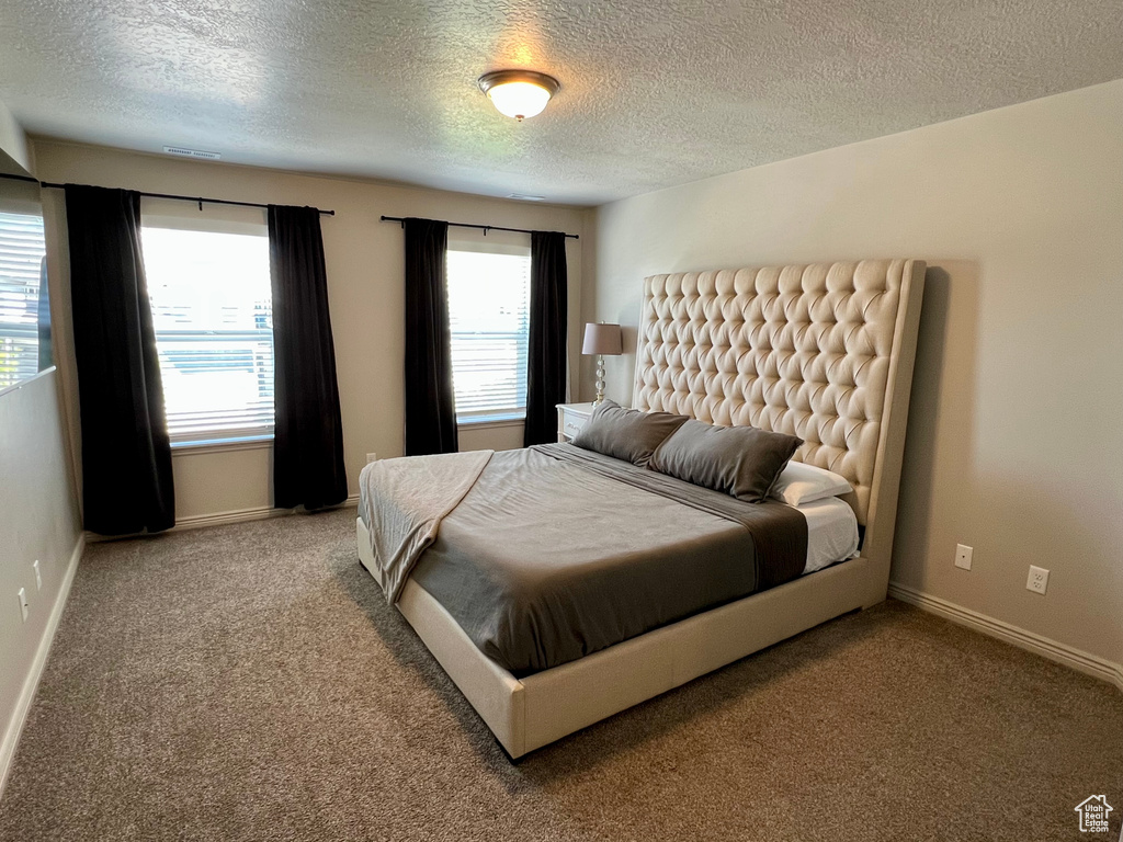 Carpeted bedroom with a textured ceiling and baseboards